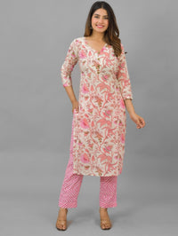 Womens Pink Flower Printed V Neck Kurti, dupatta and Pant Set