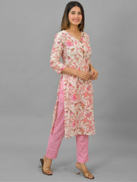 Womens Pink Flower Printed V Neck Kurti, dupatta and Pant Set