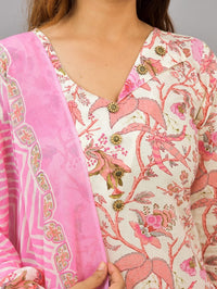 Womens Pink Flower Printed V Neck Kurti, dupatta and Pant Set