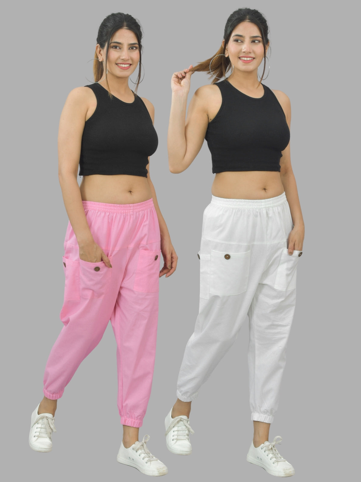 Combo Pack Of Womens Pink And White Four Pocket Cotton Cargo Pants