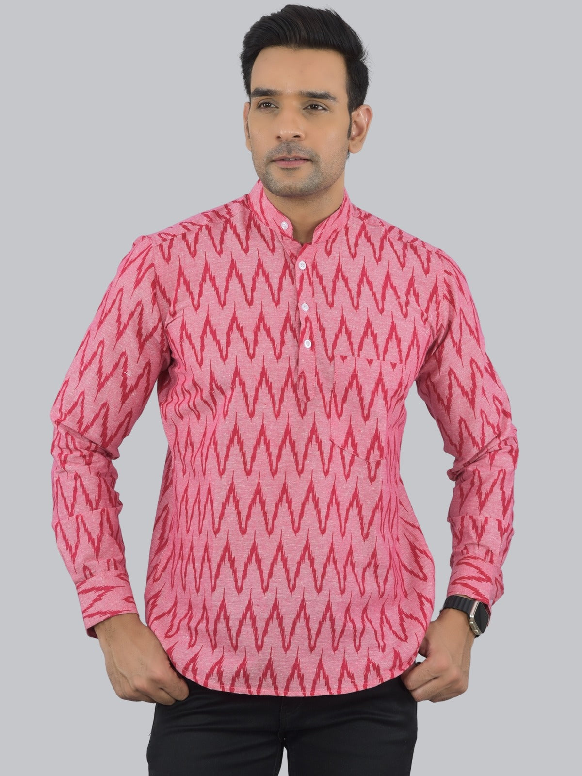 Mens Regular fit Pink Zig-Zag Printed Cotton short Kurta