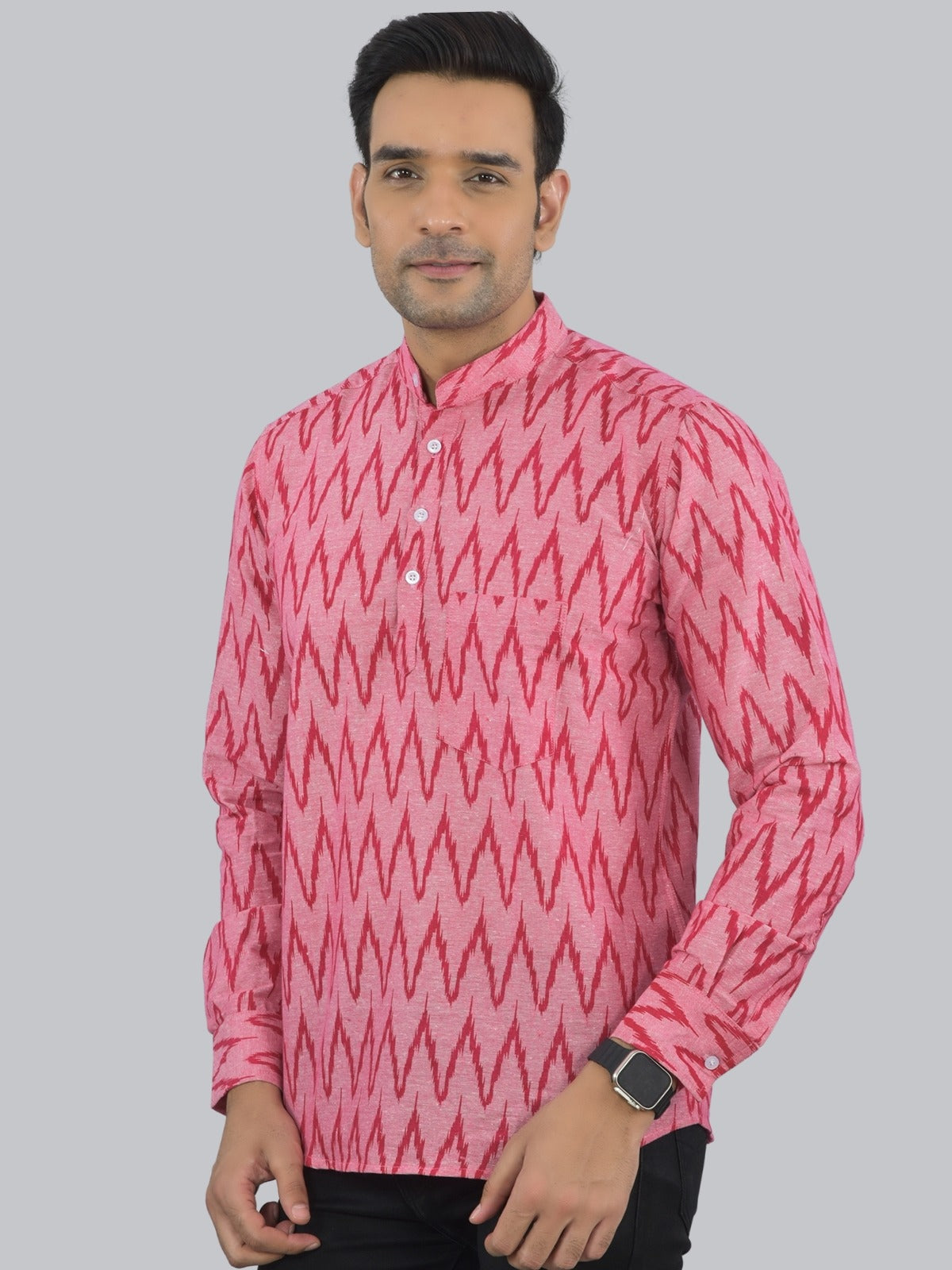 Mens Regular fit Pink Zig-Zag Printed Cotton short Kurta