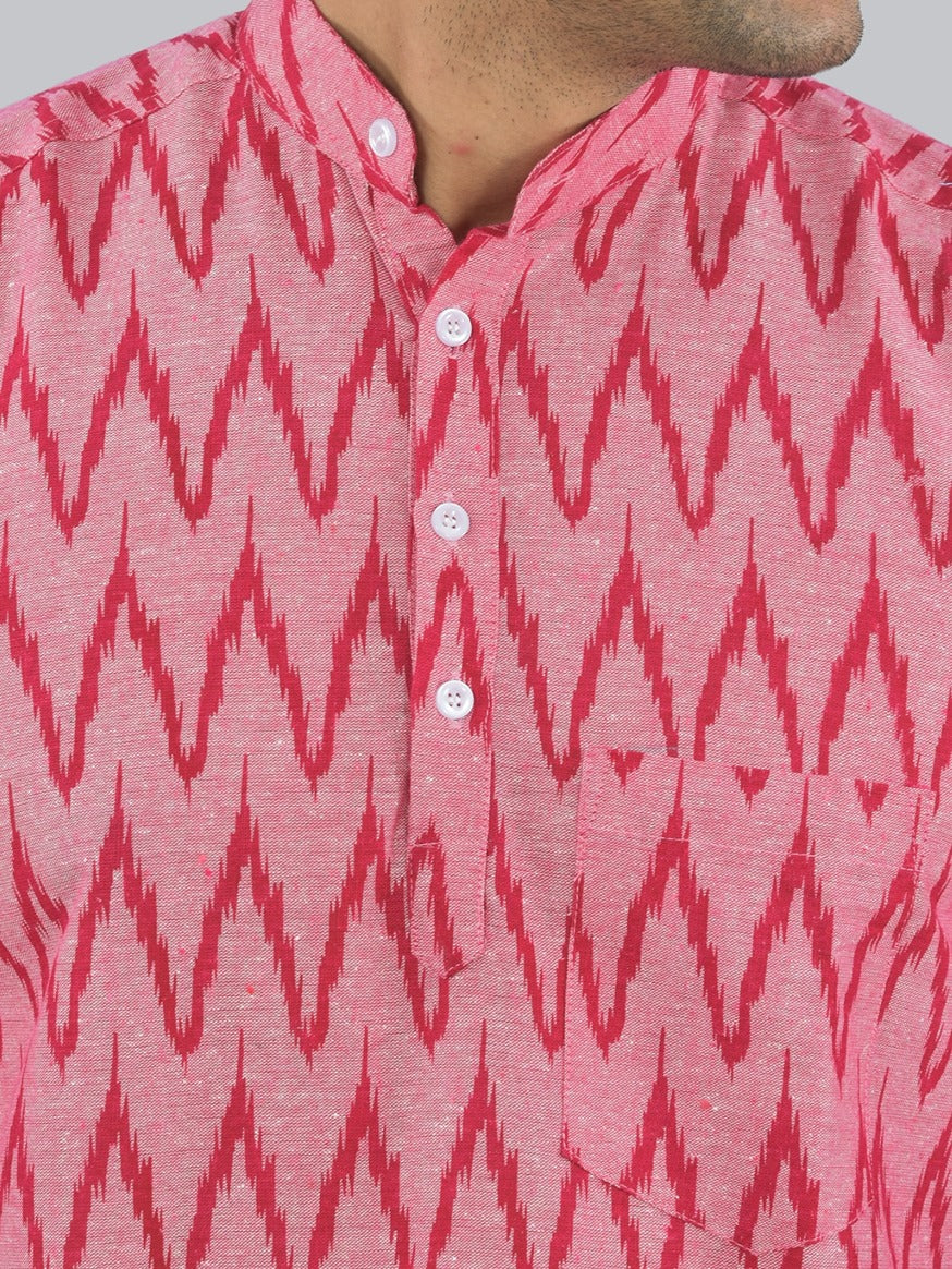 Mens Regular fit Pink Zig-Zag Printed Cotton short Kurta