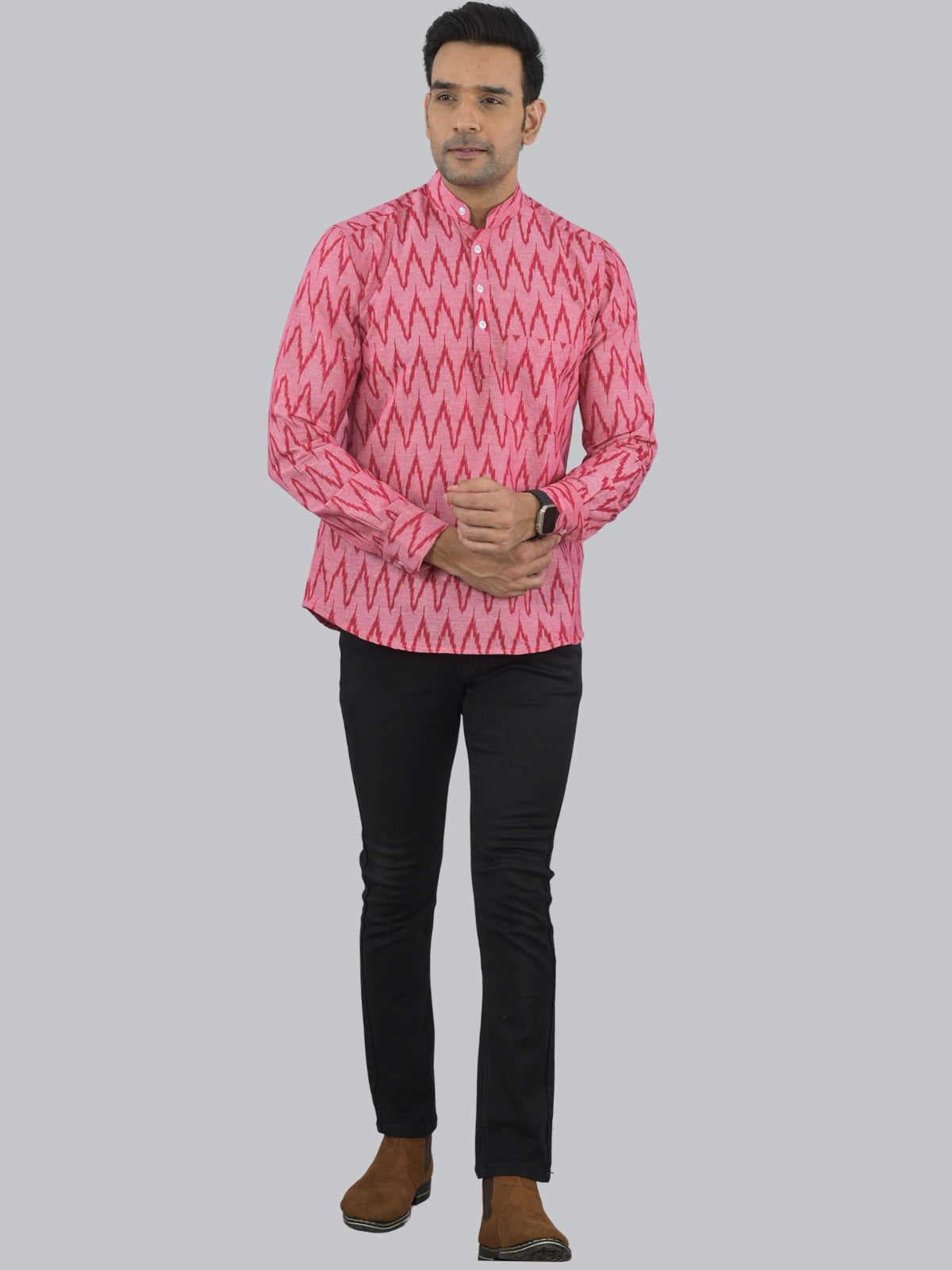 Mens Regular fit Pink Zig-Zag Printed Cotton short Kurta