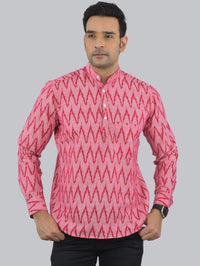 Mens Regular fit Pink Zig-Zag Printed Cotton short Kurta