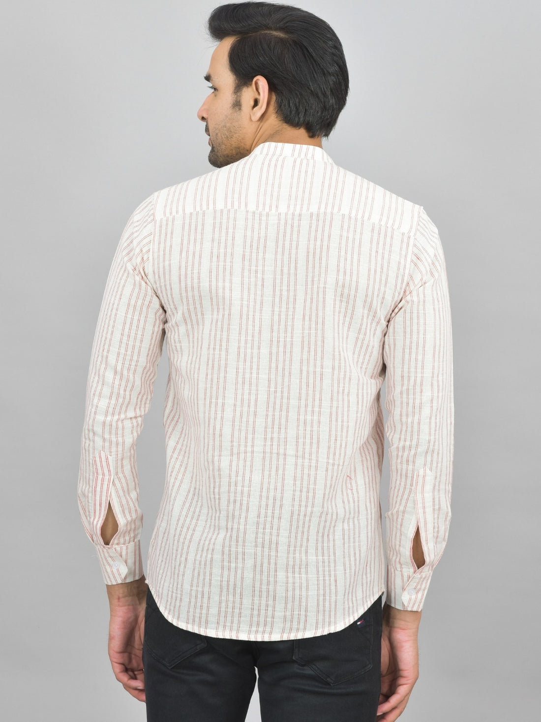 Mens Regular Fit Light Pink Striped Linen Slub Short Kurta