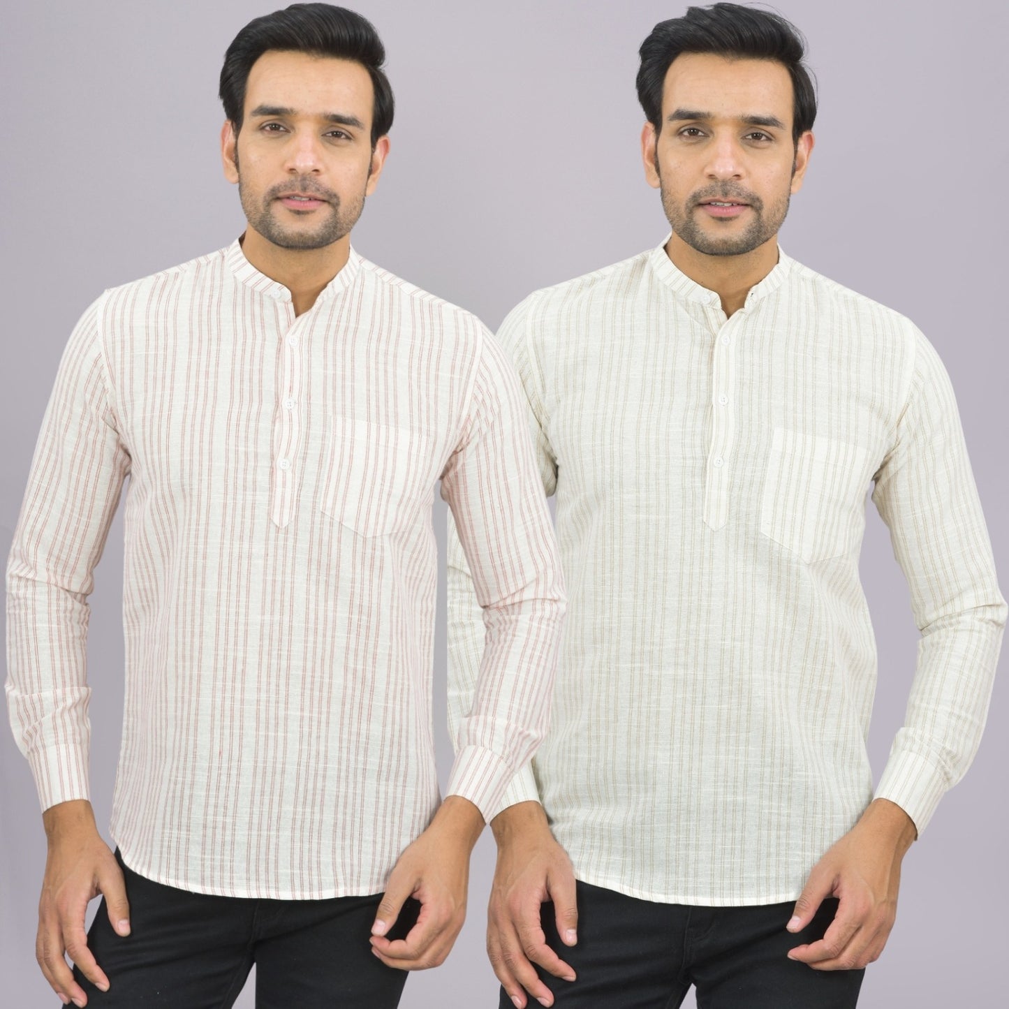 Pack Of 2 Mens Brown And Grey Stripe Linen Slub Short Kurta