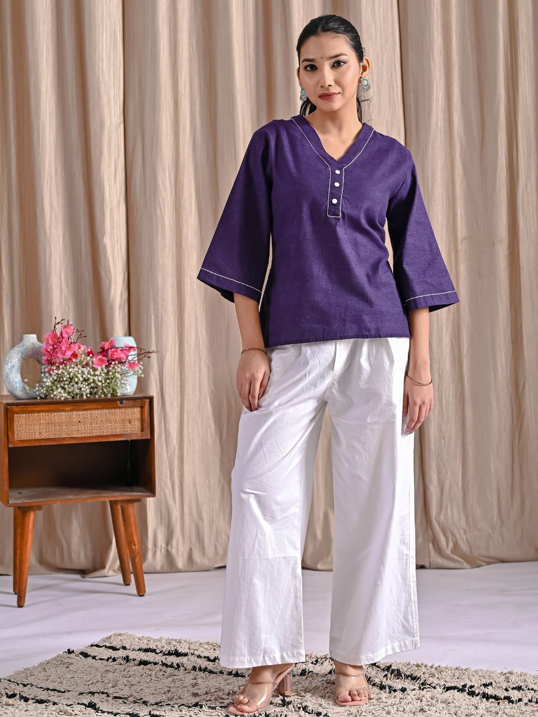 Purple Handloom Cotton Anchor Thread Designer Top