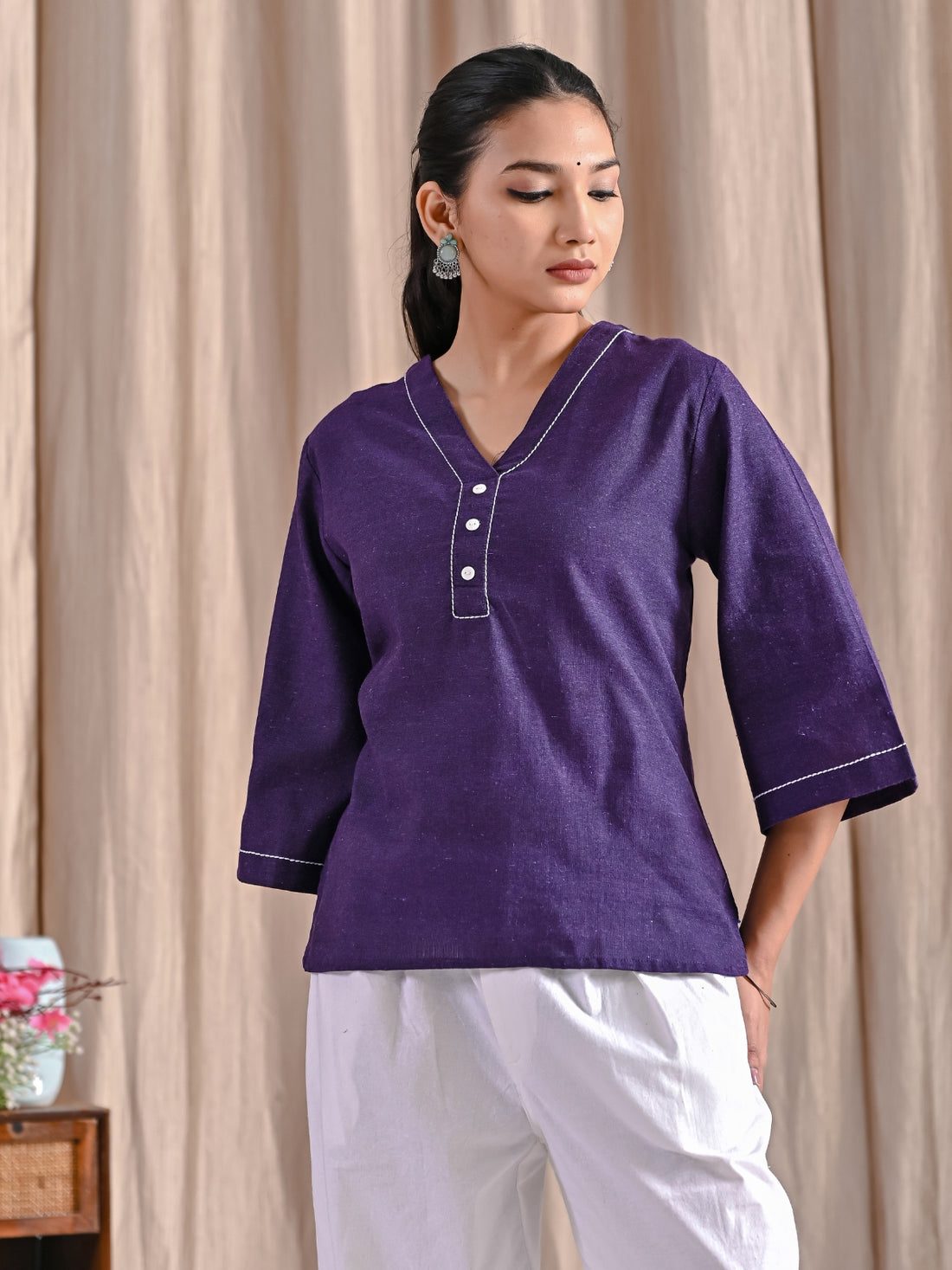 Pack Of 2 Purple And White Handloom Cotton Anchor Thread Designer Tops