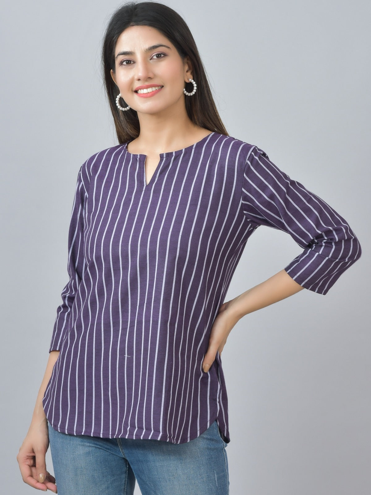 Pack Of 2 Coffee And Dark Purple Striped Cotton Womens Top Combo