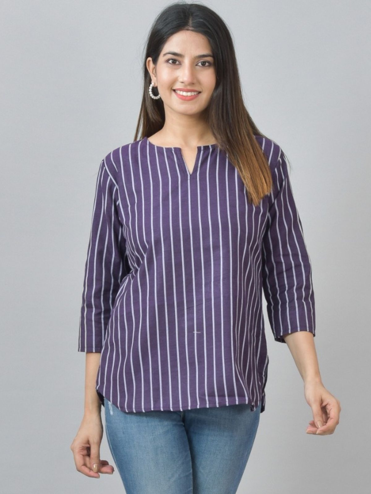 Womens Regular Fit Purple Single Stripe Cotton Top