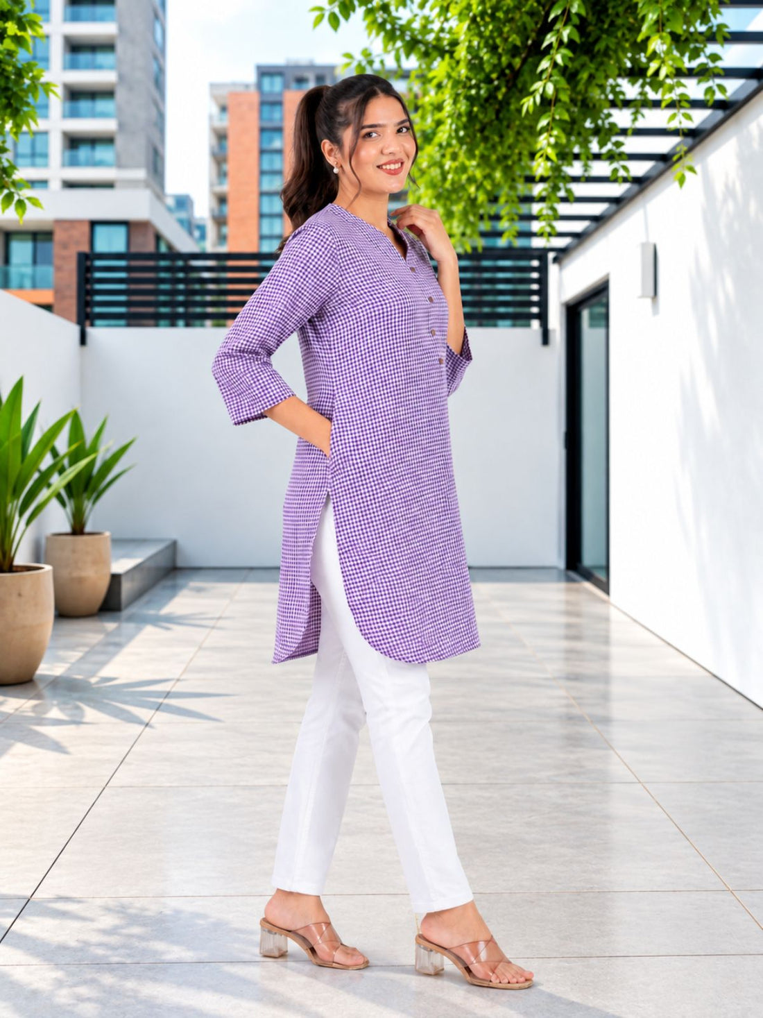 Purple Mini Checks Cotton Short Kurti