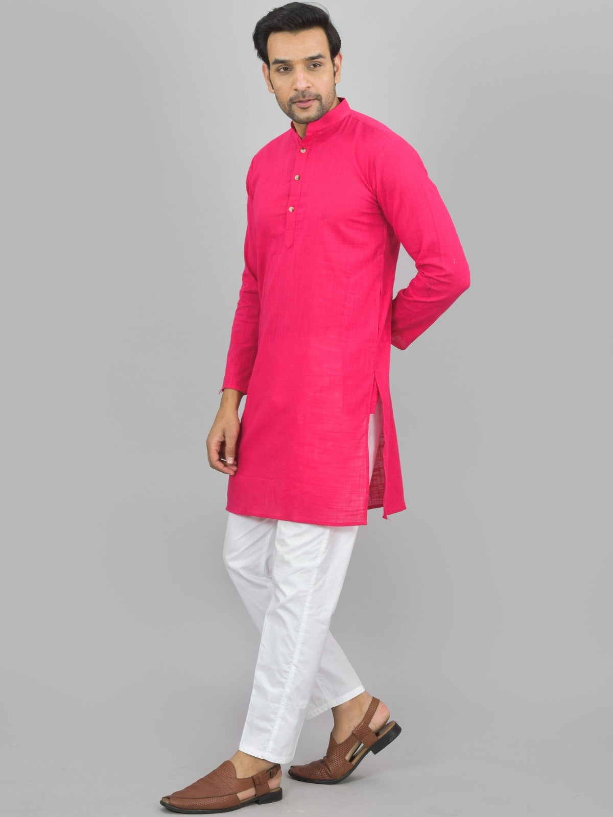 Quaclo Mens Solid Rani Pink Cotton Long Kurta