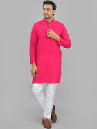 Quaclo Mens Solid Rani Pink Cotton Long Kurta
