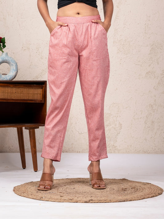 Women Solid Red South Cotton Trouser