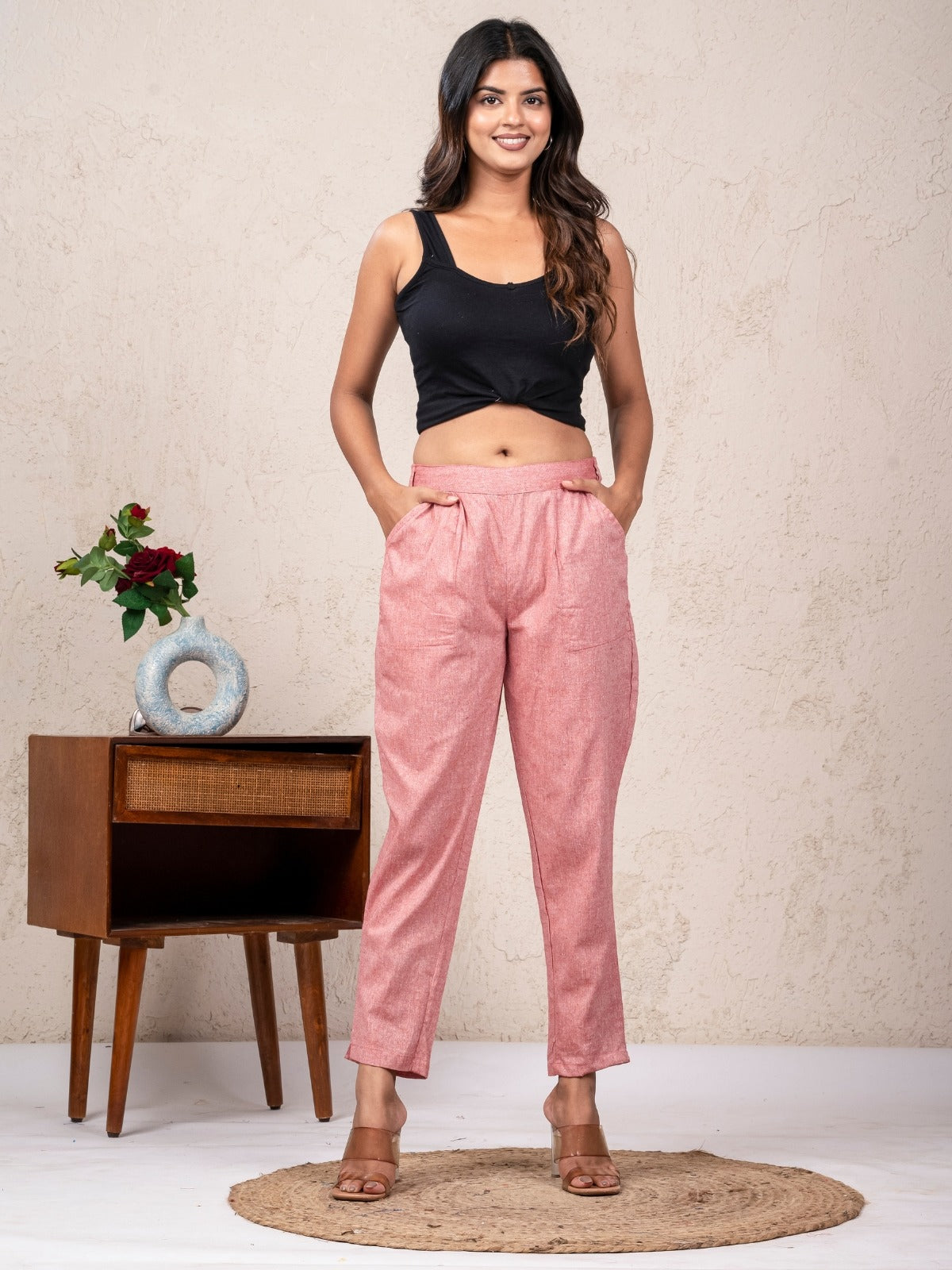 Women Solid Red South Cotton Trouser