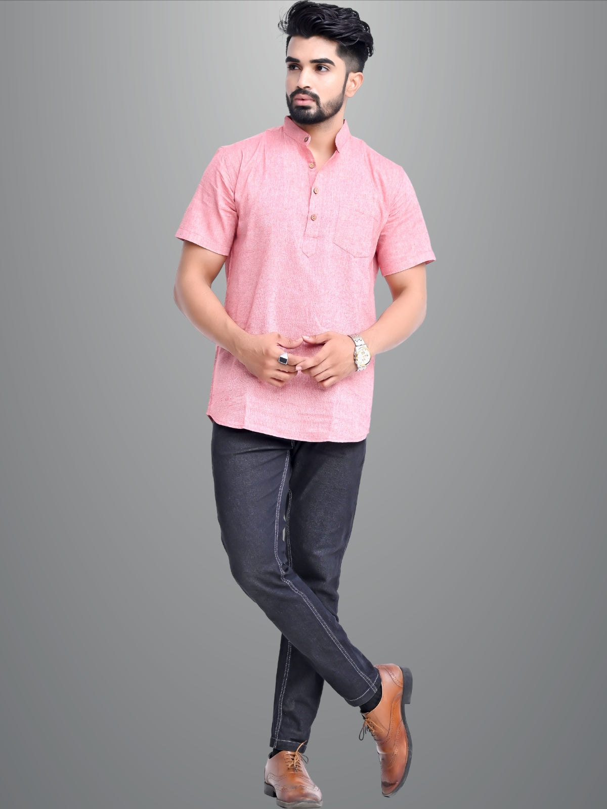 Pack of 2 Mens Solid Pink And Red Khadi Cotton Short Kurta Combo