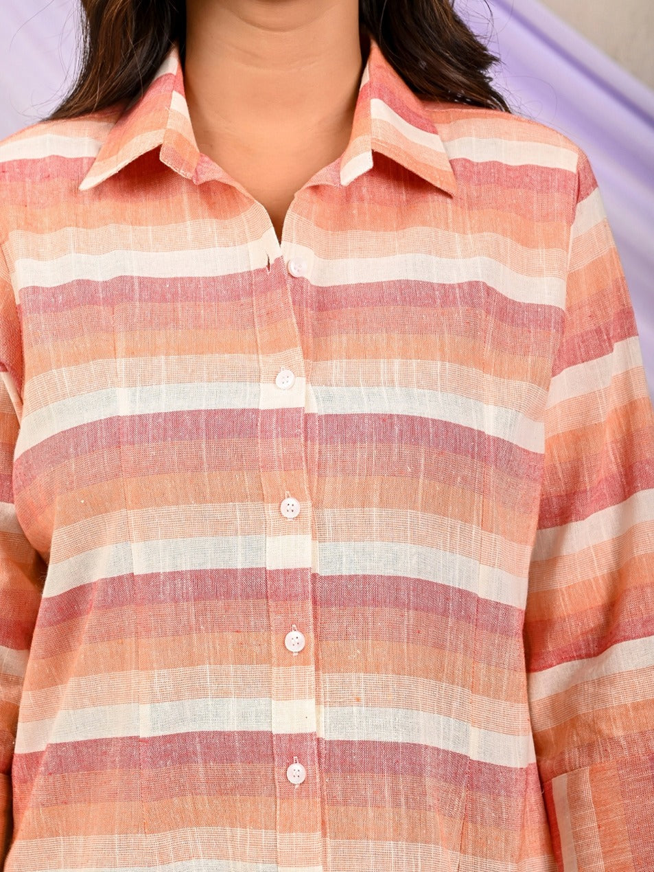 Womens Red Linen Multistripe Cotton Shirt