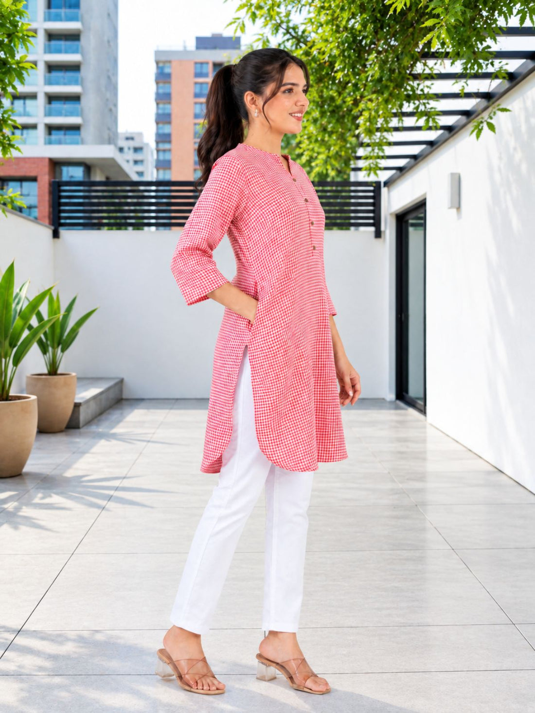 Red Mini Checks Cotton Short Kurti