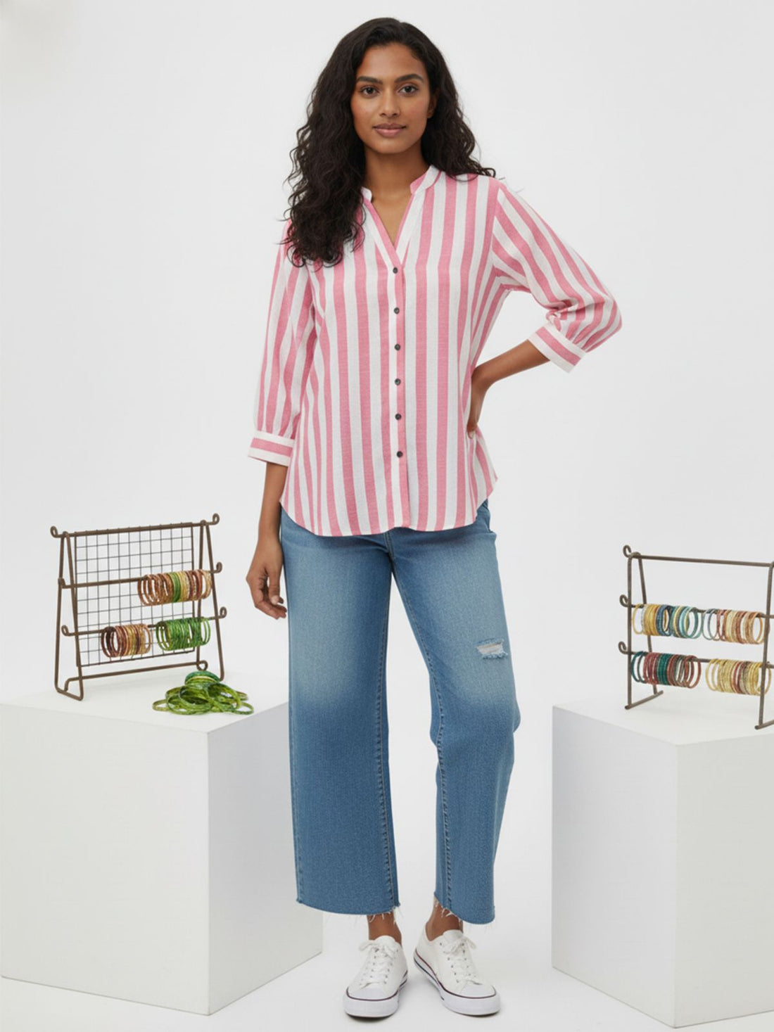 Red Pleated shoulder Stripe Shirt