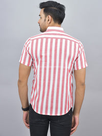 Mens Regular Fit Red Striped Half Sleeves Cotton Casual Shirt