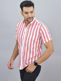 Mens Regular Fit Red Striped Half Sleeves Cotton Casual Shirt