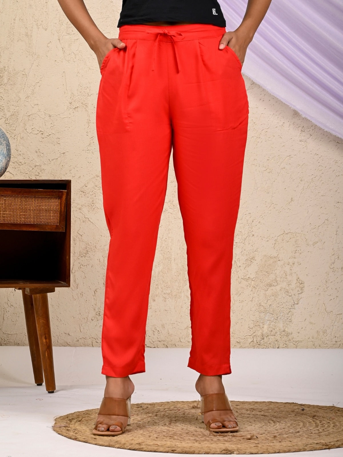 Women Regular Fit Red Rayon Trouser