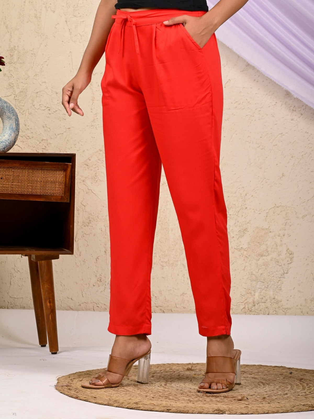 Women Regular Fit Red Rayon Trouser