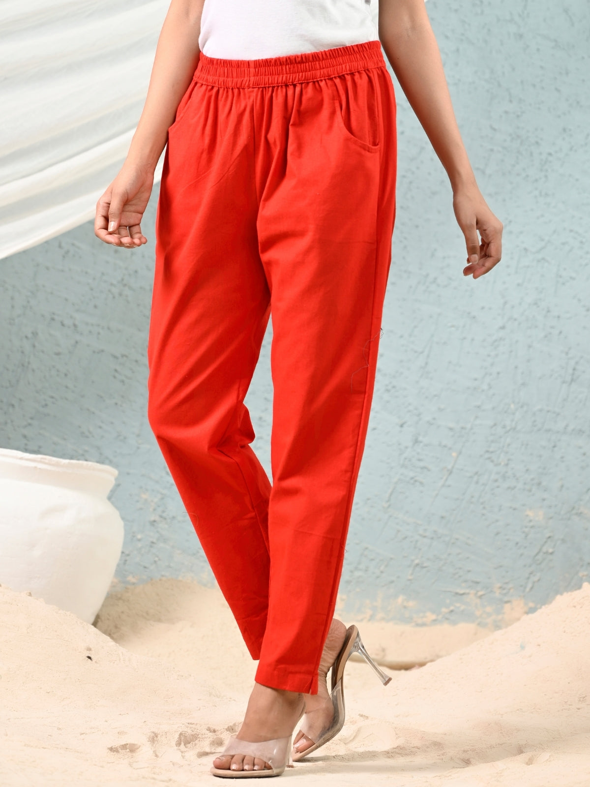 Women's Red Regular Fit Elastic Cotton Trouser