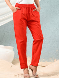 Women's Red Regular Fit Elastic Cotton Trouser