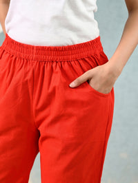 Women's Red Regular Fit Elastic Cotton Trouser