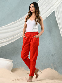 Women's Red Regular Fit Elastic Cotton Trouser