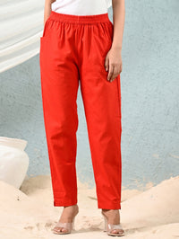 Women's Red Regular Fit Elastic Cotton Trouser