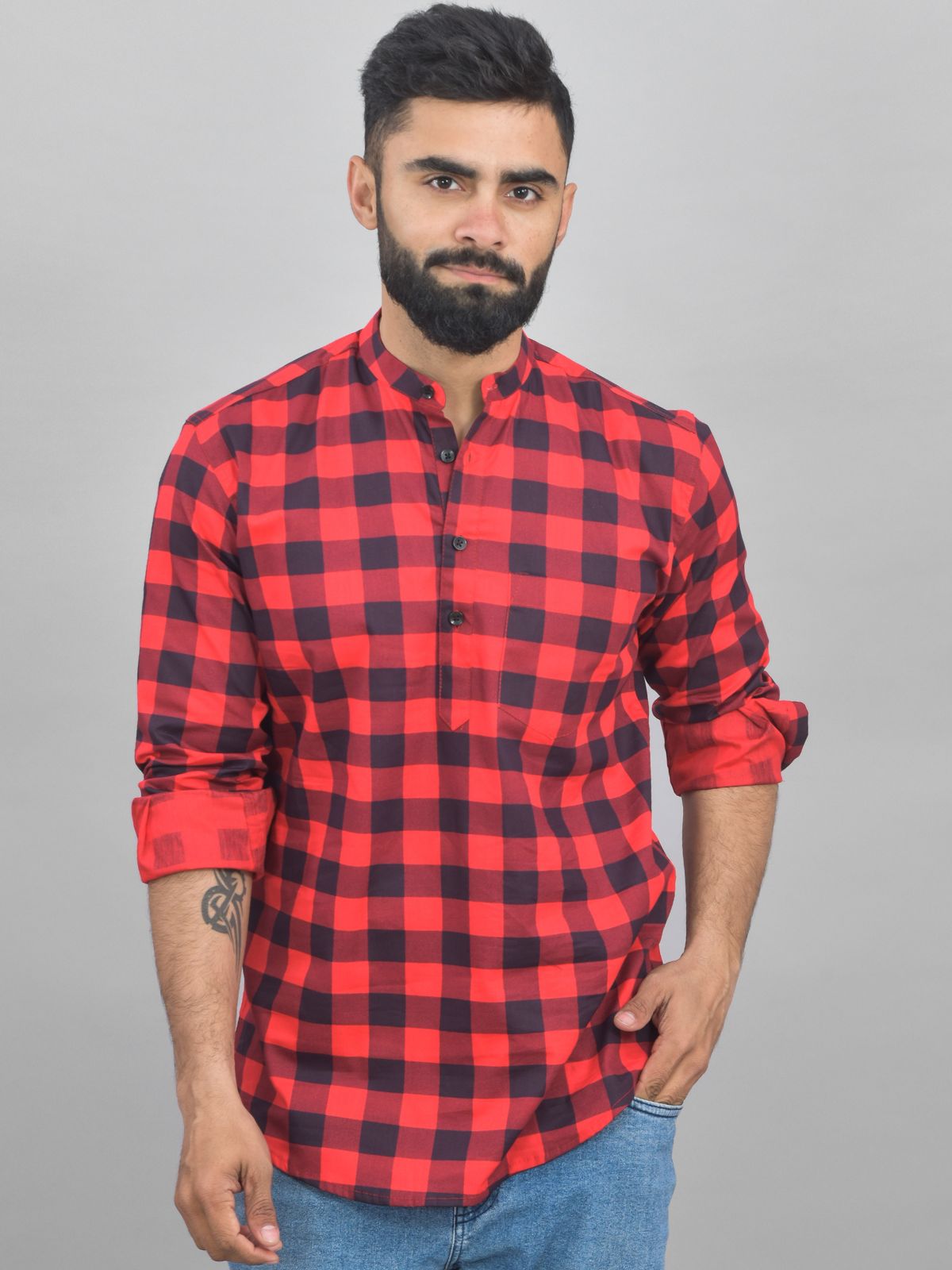 Quaclo Mens Red Check Cotton Short Kurta