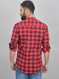 Quaclo Mens Red Check Cotton Short Kurta