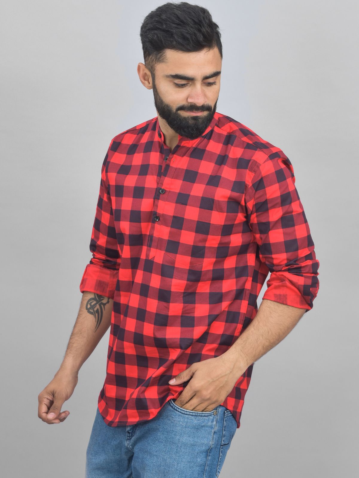 Quaclo Mens Red Check Cotton Short Kurta