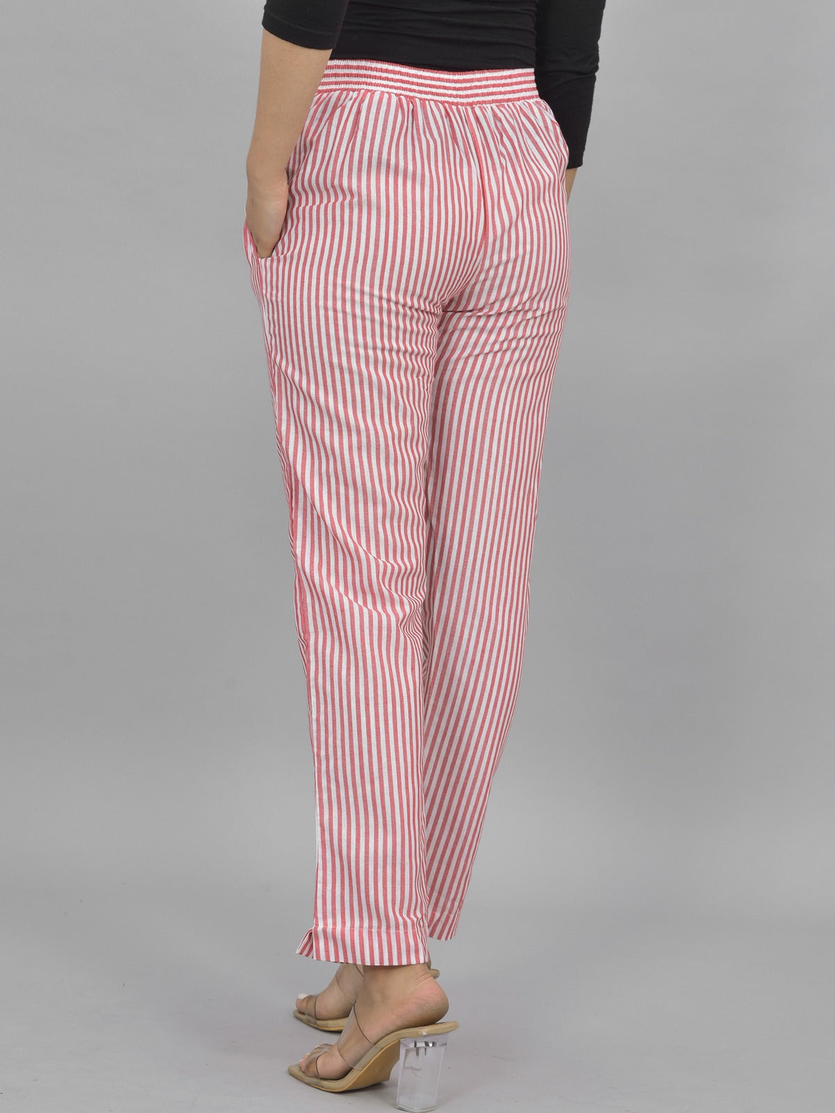 Combo Pack of 2 Womens Pink And Red Cotton Stripe Trouser