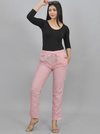 Pack Of 3 Womens Cream, Pink, Red Cotton Stripe Trousers Combo