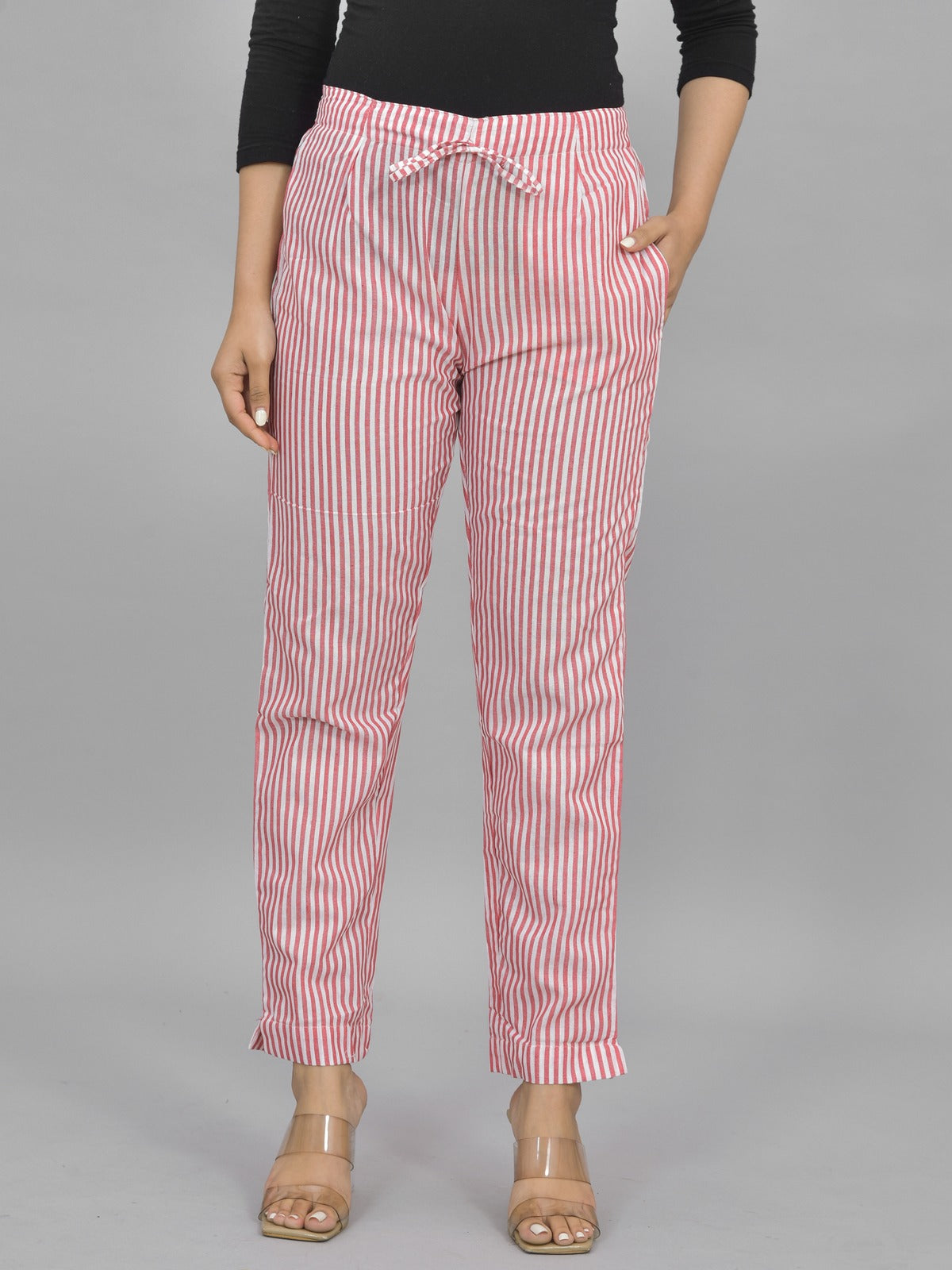 Pack Of 3 Womens Multicolor, Pink, Red Cotton Stripe Trousers Combo