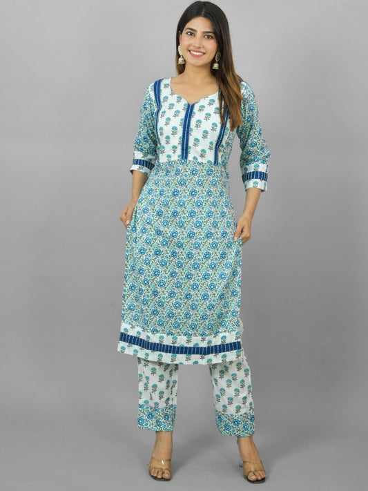 Womens Royal Blue Flower Printed V Neck Kurta and Pant Set