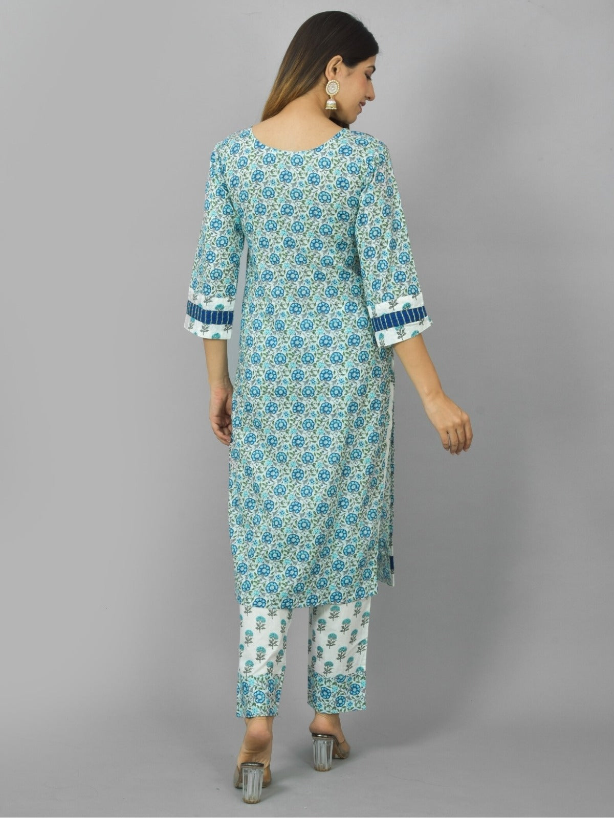 Womens Royal Blue Flower Printed V Neck Kurta and Pant Set