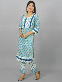 Womens Royal Blue Flower Printed V Neck Kurta and Pant Set