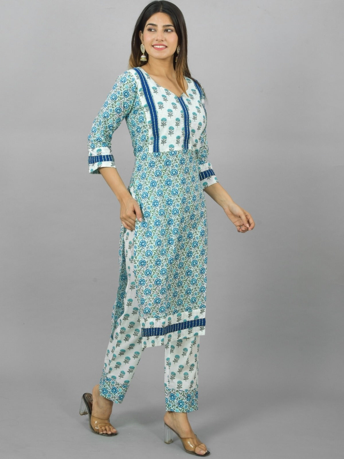 Womens Royal Blue Flower Printed V Neck Kurta and Pant Set