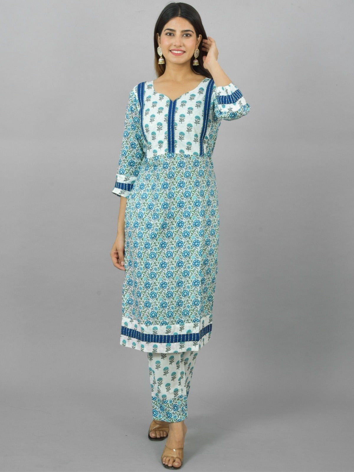 Womens Royal Blue Flower Printed V Neck Kurta and Pant Set