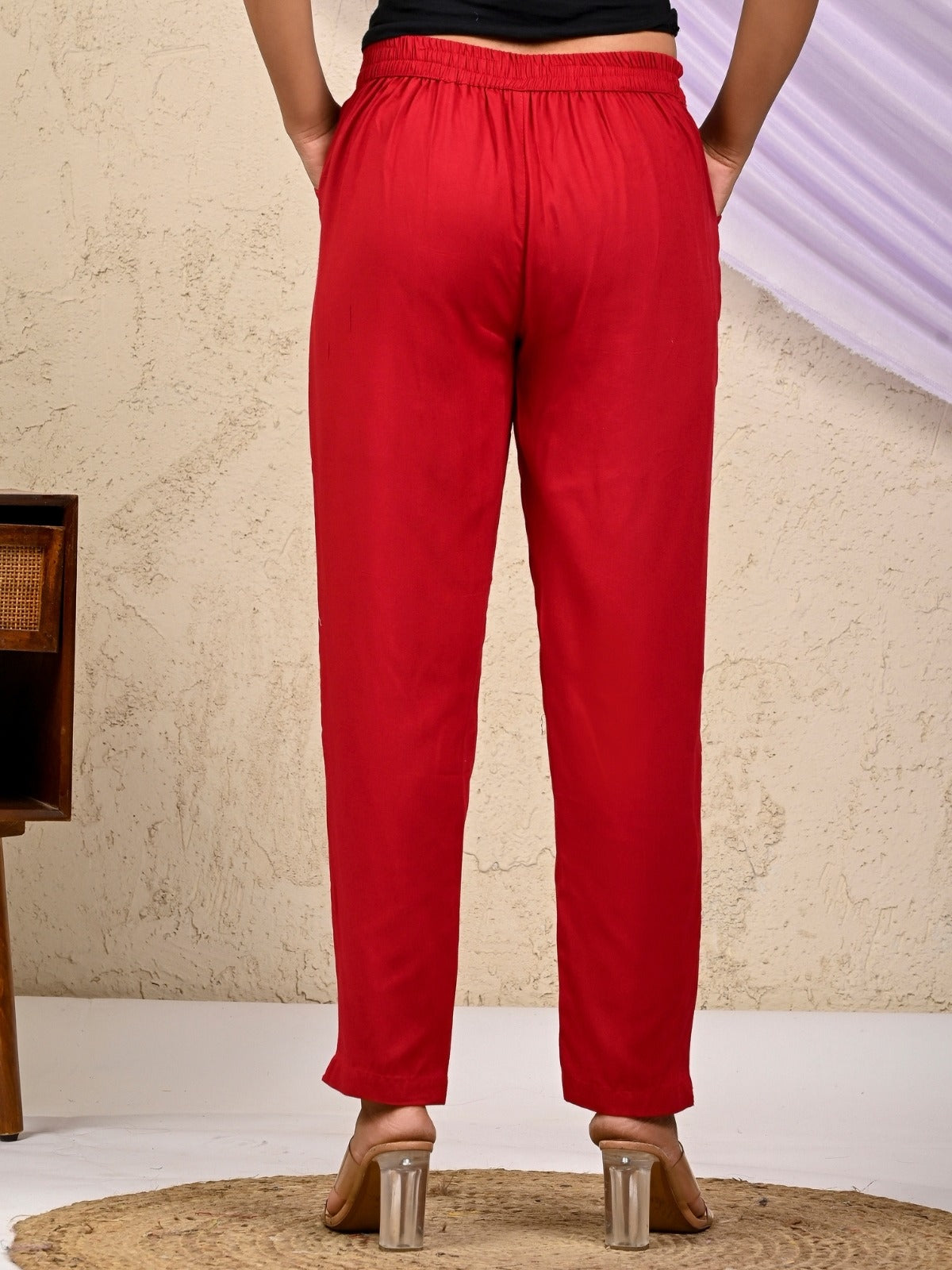 Women Regular Fit Maroon Rayon Trouser