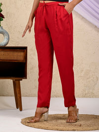 Women Regular Fit Maroon Rayon Trouser