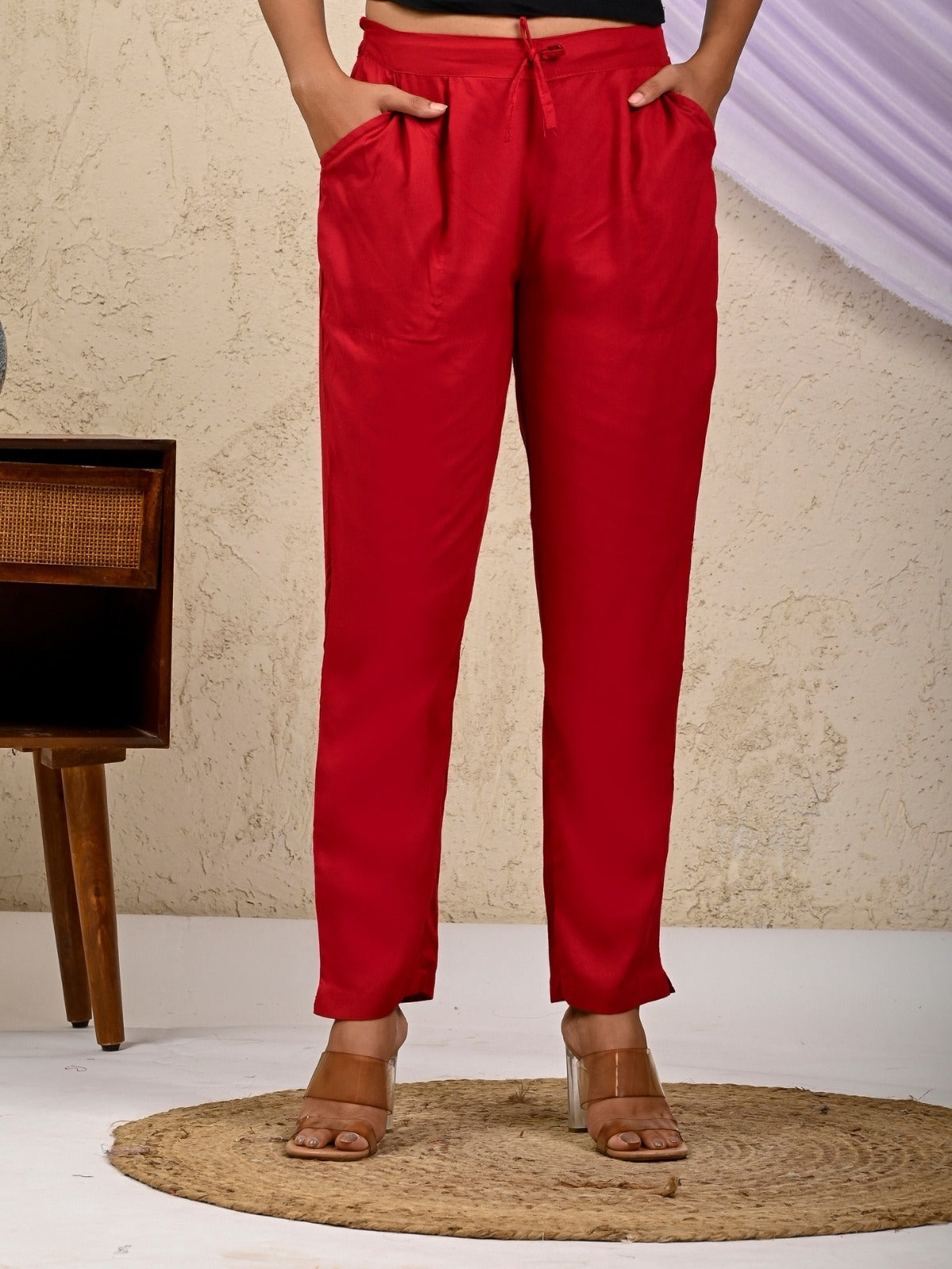 Women Regular Fit Maroon Rayon Trouser