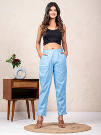 Women Solid Sky Blue South Cotton Trouser