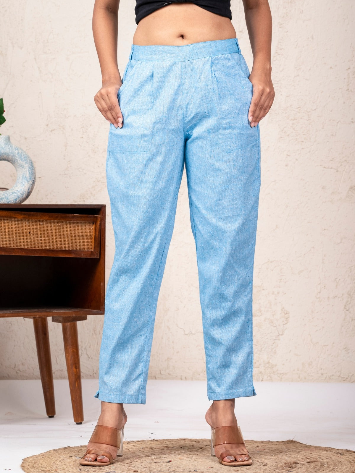 Women Solid Sky Blue South Cotton Trouser