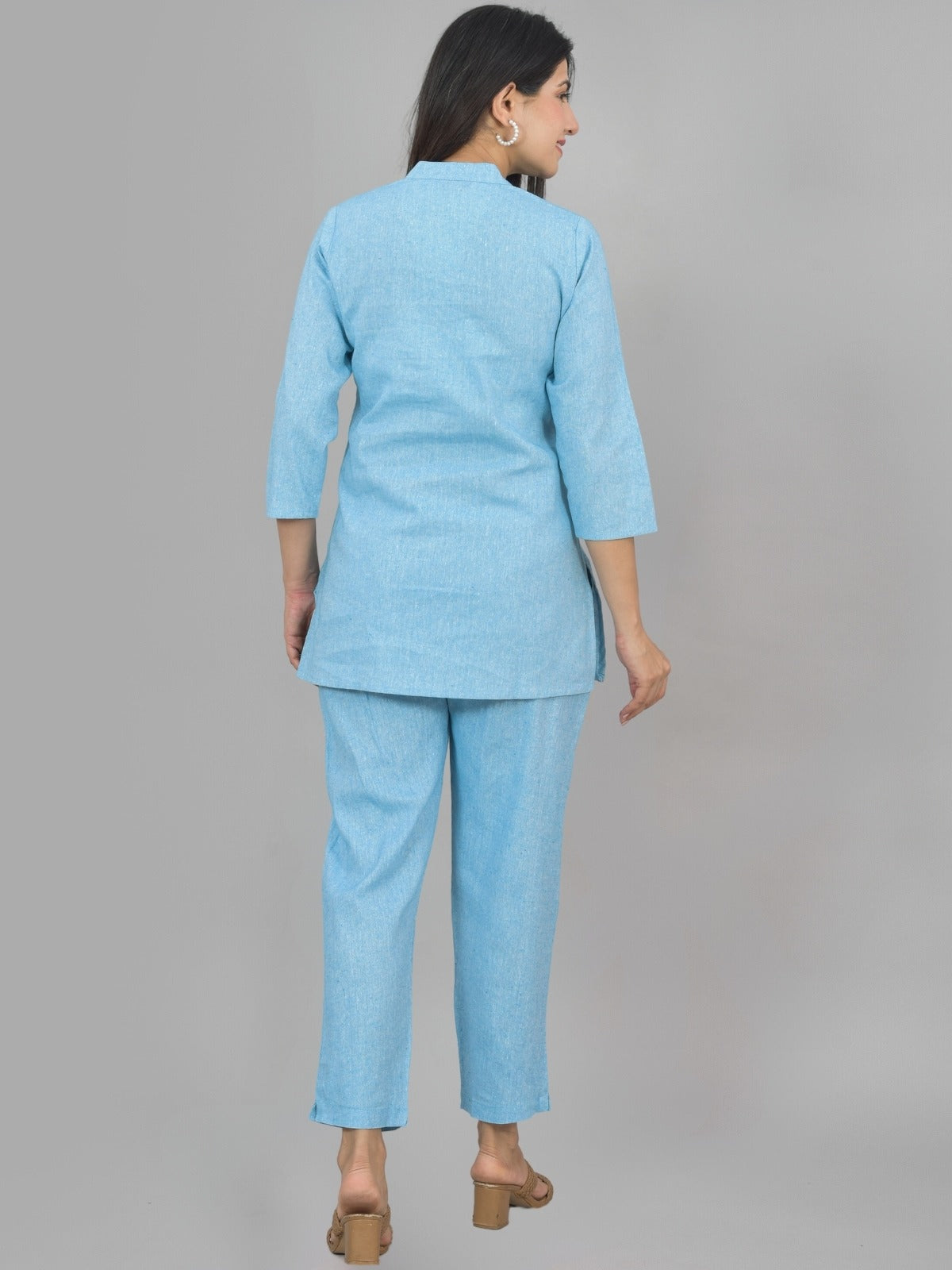 Quaclo Womens Solid Sky Blue Cotton Top-Pyjama Co-Ords Set